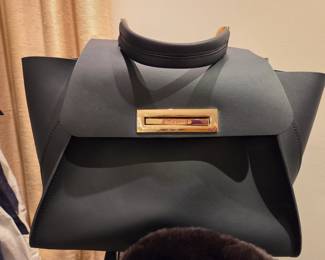 ZAC Zac Posen 'Eartha' Black Calfskin Leather Handbag with Winged Side Panels and Hinged Metal Lock Detail