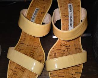 Manolo Blahnik, Tan Patent Leather Strappy Cork Sandals