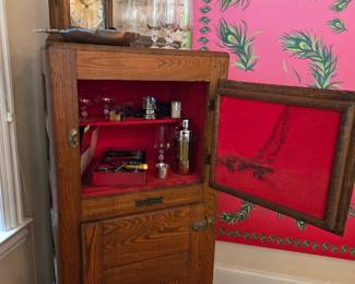 Columbia Oak Ice Box Cabinet with Original Brass Hardware & Insulated Interior
