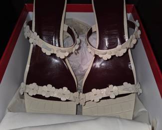STAUD White Leather Sandal Heels with Floral Detail NEW IN BOX (includes dustbag)
