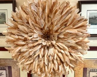Natural Feather Juju Hat Wall Hanging, African-Inspired Bohemian Wall Décor