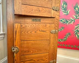 Columbia Oak Ice Box Cabinet with Original Brass Hardware & Insulated Interior