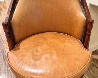 Leather Upholstered Mahogany Barrel Back Accent Chair with Nailhead Trim