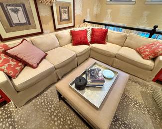 Contemporary Skirted Sectional Sofa in Neutral Performance Fabric, Two-Piece L-Shaped Configuration (note: Antelope Print Rug NFS)