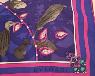 Bulgari Silk Foulard Scarf with White Lilies, Trailing Pink Buds and Cascading Foliage on Royal Blue Center NEW WITH TAGS NIB