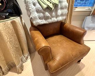 English Rolled Arm Distressed Brown Leather Club Chair with Casters
