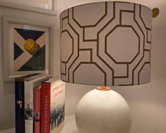 Modern White Ceramic Globe Table Lamp with Geometric Drum Shade