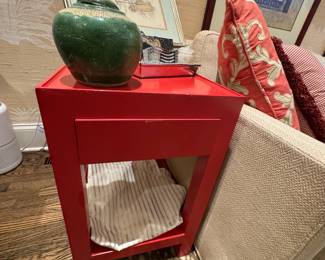 Red Lacquer One-Drawer Accent End Table with Lower Shelf