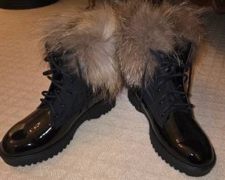 Cloud Nine Genuine Patent Leather Brooke Boot with Chestnut Raccoon Fur Trim and Sheepskin Insole