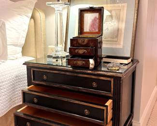 Ebonized Neoclassical Three Drawer Nightstand with Glass Top and Brass Hardware (2 available)