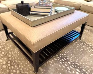 Upholstered Ottoman Coffee Table with Wood Frame and Casters (note: Antelope Print Rug NFS)