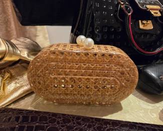 Pearl Accent Woven Acrylic Box Clutch Evening Handbag