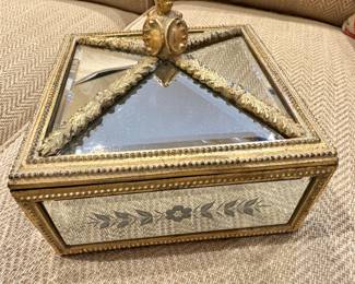Hollywood Regency Gilt Beveled Glass Jewelry Casket Trinket Box with Etched Floral Panels