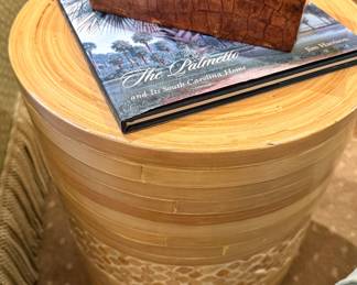 Faux Crocodile Leather Jewelry Box with Lock and Keyhole, Bamboo Rattan Drum Accent Table with Woven Cane Detail