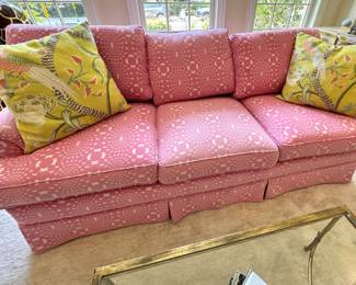 Custom Pink Pattern Upholstered Three Cushion Sofa (down-filled) with Designer Accent Pillows