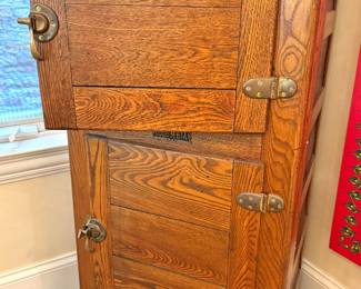 Columbia Oak Ice Box Cabinet with Original Brass Hardware & Insulated Interior