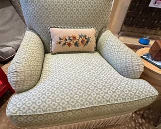 Dapha Upholstered Wingback Lounge Chairs with Skirted Base & Custom Patterned Fabric (note: Antelope Print Rug NFS)
