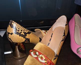 Tory Burch "Jassa" with Snakeprint Leather and Velvet with Chunky Gold Heel