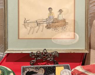 Signed Watercolor of Children Riding Goat Cart, Framed Southern Folk Art Illustration