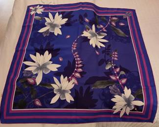 Bulgari Silk Foulard Scarf with White Lilies, Trailing Pink Buds and Cascading Foliage on Royal Blue Center NEW WITH TAGS NIB