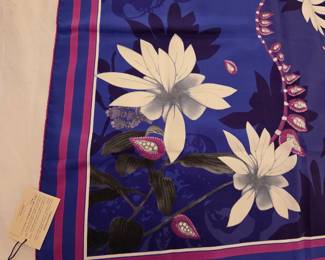 Bulgari Silk Foulard Scarf with White Lilies, Trailing Pink Buds and Cascading Foliage on Royal Blue Center NEW WITH TAGS NIB