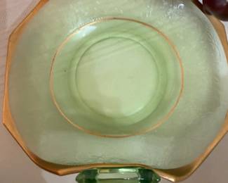Vintage  Green Depression Gold Trim Tibbit or Pastry Tray