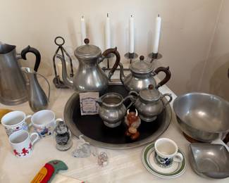 Mid Century Steiff Pewter Company, Coffee Tea Pot, Creamer Sugar Tray Set