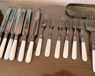 Antique Edwardian- Era Dessert/Fruit Flatware Carved Mother of Pearl