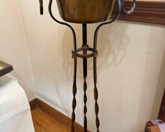 Mid Century Hand Forged Iron Plant Stand, With Copper Basin