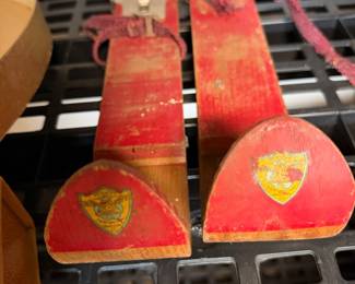 Antique Red Wooden Child's Skis, Made by F.D. Peters, NY