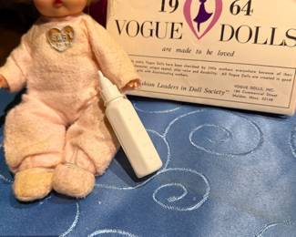Vintage 1964 Vogue Baby Doll, Wearing Original Pink Fleece Jammies, Diaper, Original White Plastic Bottle, With Fold Out Vogue Brochure