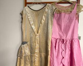 Antique 1920's Silk Velvet Drop Waist Flapper Dress, Vintage Pink Satin Sheer Lace Neckline, Dress