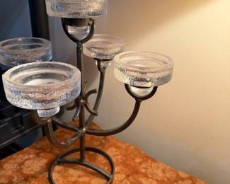 Mid Century Modern 1960's Erik Hoglund for Boda Smide- Kosta Boda, 5 Arm Hand Forged Candelabra with Bubble Glass Candle Insert, Stamped Made in Sweden