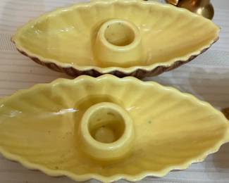 Vintage Yellow PAIR Ceramic Scallop Edge, Candle Holders. Stamped USA