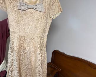 Vintage 1950's Tea Length Cream Lace Wedding Dress, Belt, Gloves