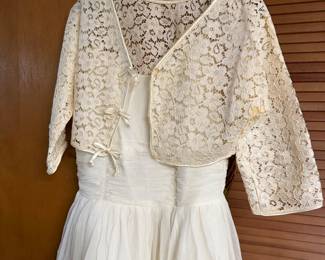 Vintage Chiffon White Gown with Rhinestone Straps, Lace Bolero Jacket