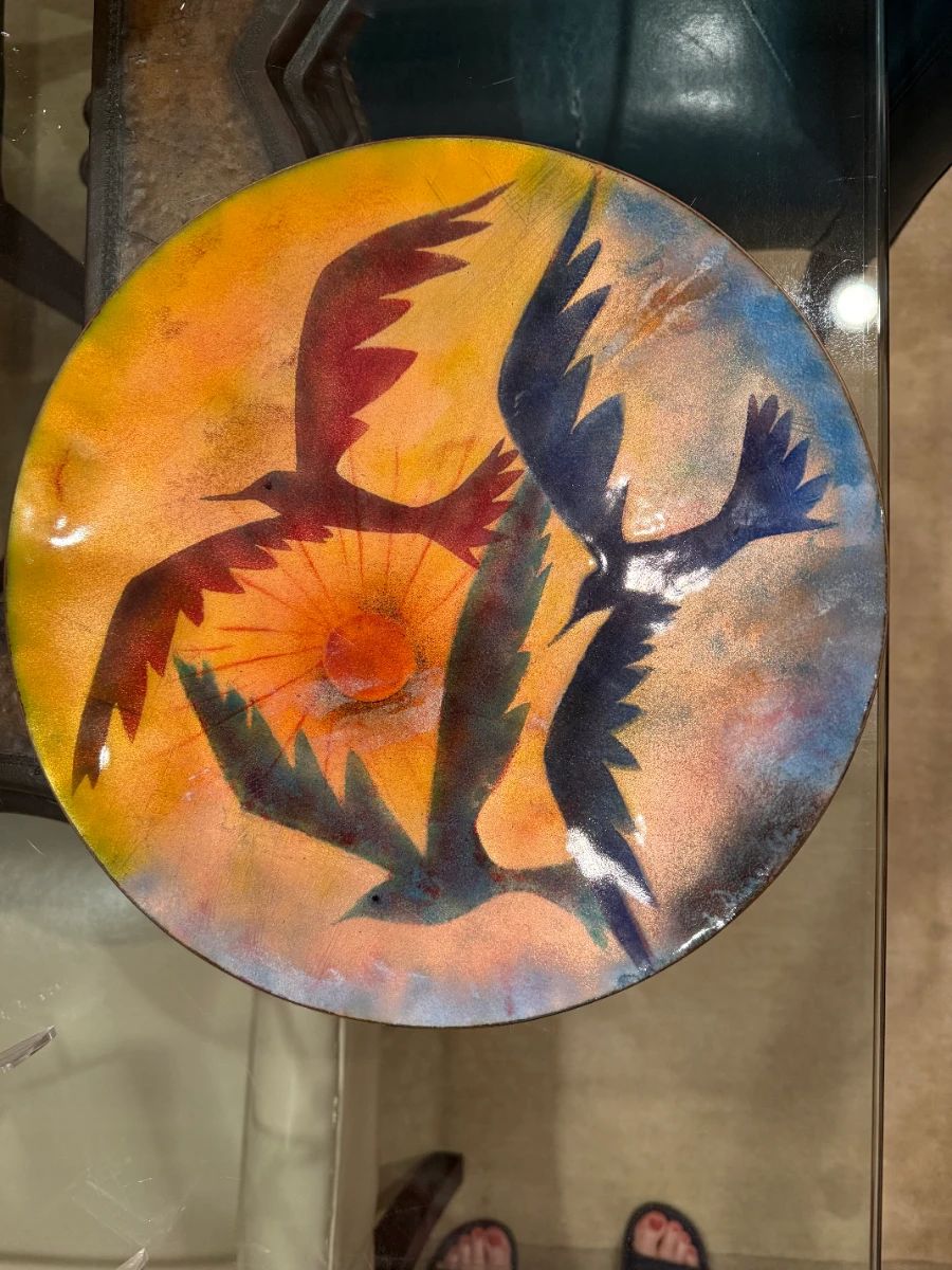 12 inch, vintage enamel on copper artwork, signed by the Canadian artist duo Micheline de Passille and Yves Sylvestre