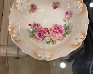Antique Bavarian fruit bowl with visible kiln mark, imported to America to be finished locally by regional artists.