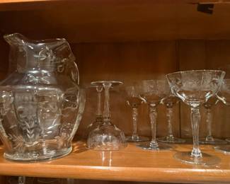 Vintage floral-etched stemware, martini, wine and port glasses with matching pitcher. Full set of 8 each, with 2 extra glasses included.