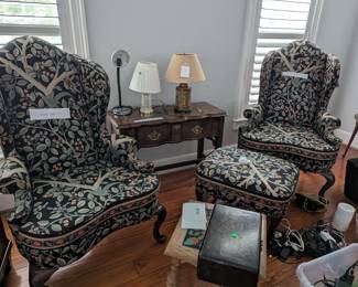 sitting room chairs with ottoman, 2 drawer cabinet, lamps