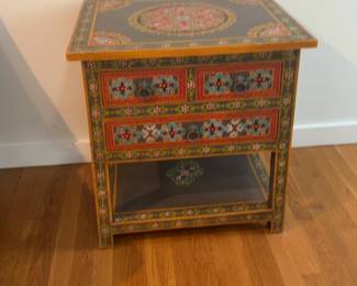 Hand-Painted Floral Indian Side Table with Drawers
