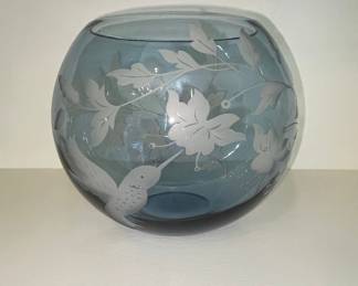 Blue Glass Vase with Etched Hummingbird and Floral Motif