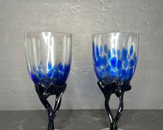 Art Glass Wine Glasses with Blue Jellyfish Swirls