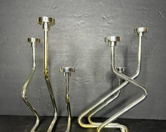 Mid-Century Modern Lino Sabattini Style Chrome and Brass Candlesticks