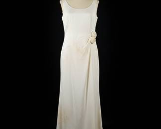 Cream Silk Evening Gown with Floral Appliqué