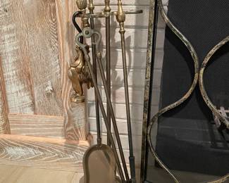Vintage Brass Fireplace Tool Set with Rooster Detail
