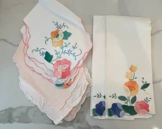 Embroidered Linen Handkerchiefs and Bread Basket Liners