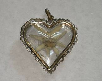 Vintage Heart-Shaped Edelweiss Pendant with Filigree Edging