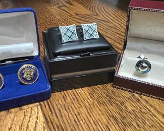 Assorted Cufflinks: Presidential Seal, Geometric Pattern, and Abalone Inlay