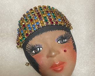 Hand-Painted Flapper Face Brooch Vtg